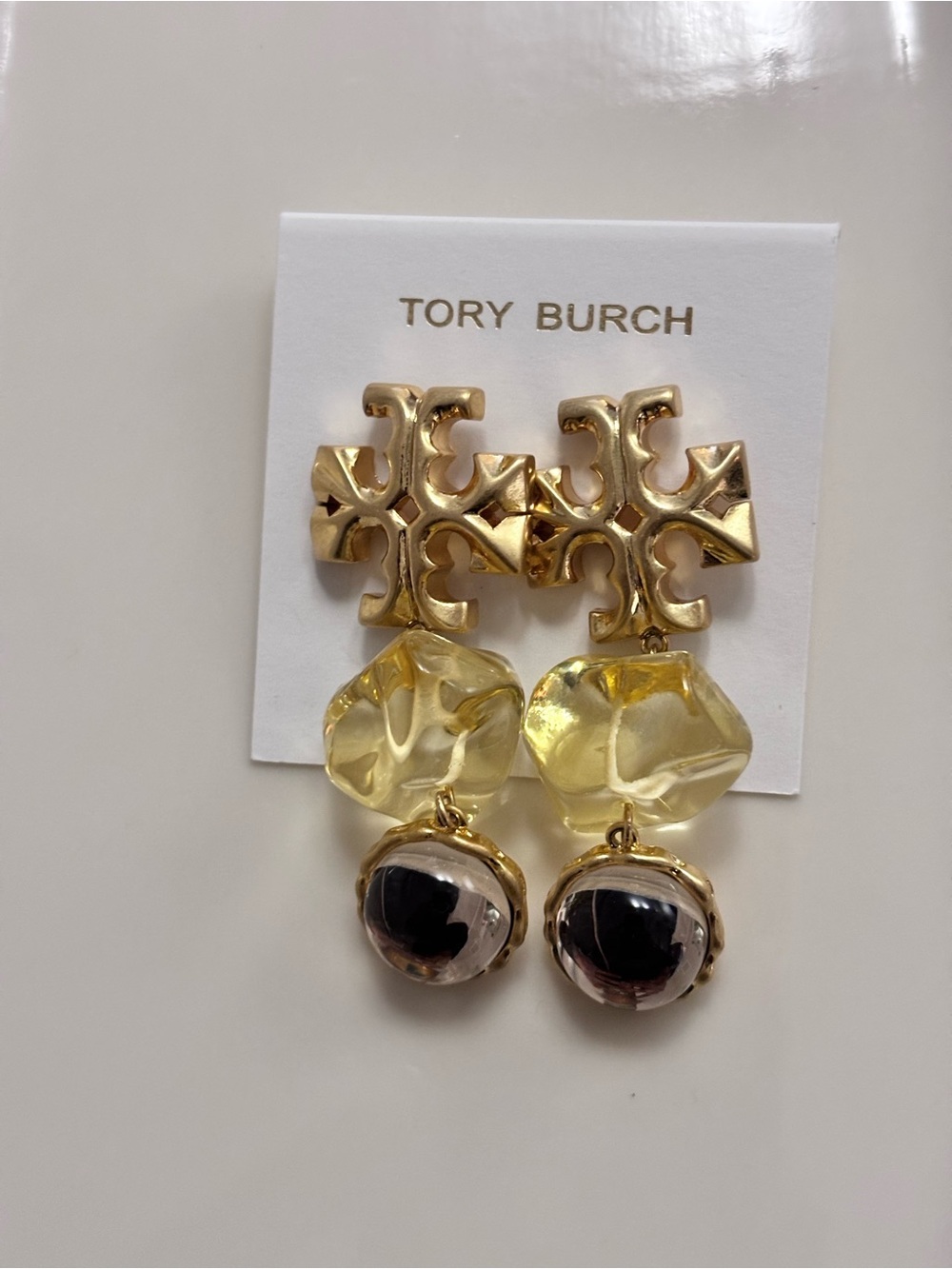 Tory Burch Gold Logo Drop Earrings with Yellow Crystal and Black Orb